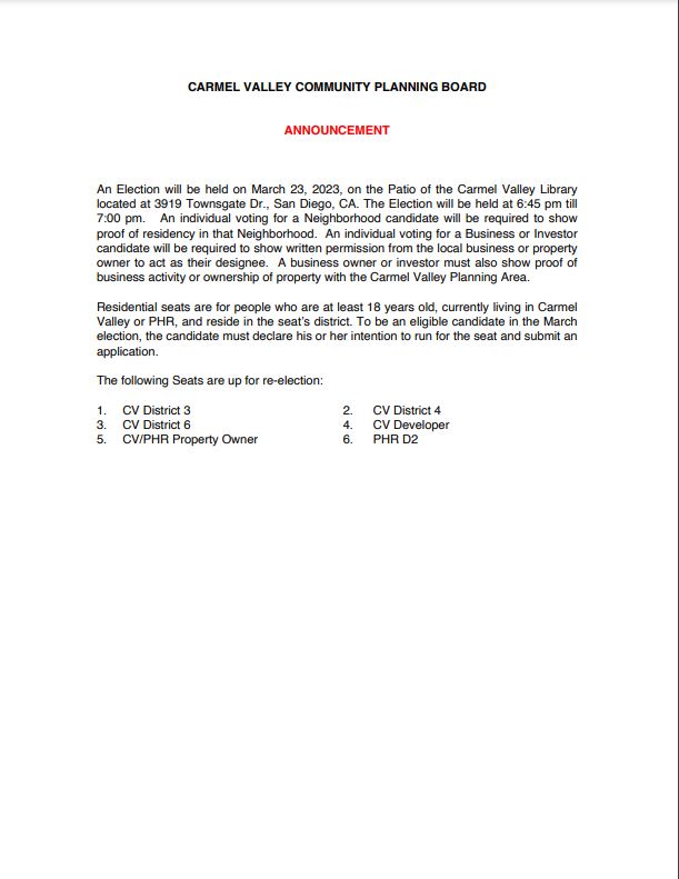 CARMEL VALLEY COMMUNITY PLANNING BOARD ELECTION San Diego Public Library